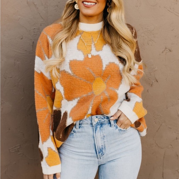 Anthropologie Sweaters - Oatmeal flower oversized dolman floral print round neck sweater pullover top